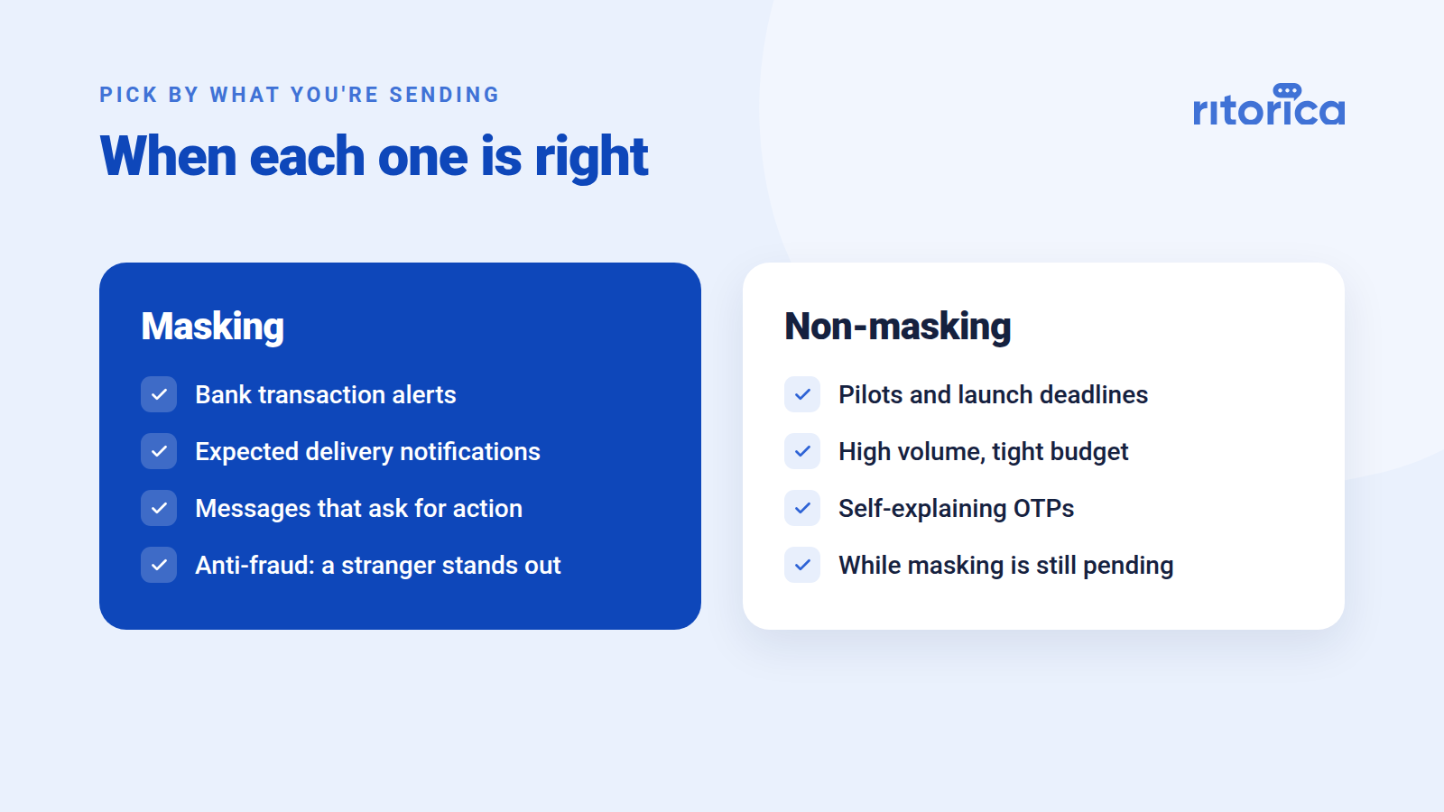 Masking suits bank transaction alerts, expected delivery notifications, messages that ask for action, and anti-fraud. Non-masking suits pilots and launch deadlines, high volume on a tight budget, self-explaining OTPs, and sending while masking approval is still pending.